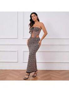YOKASA Leopard Print Mesh Patchwork Tube Top & Bodycon Skirt Set With Bow Tie - Brown - View 4