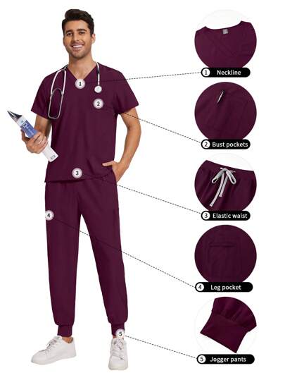 男士医疗工作服套装，牙医/护士制服，V领短袖上衣，医用运动裤，护理工作服，医生工作服