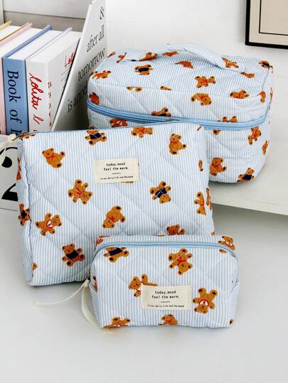 1Pc/Set Striped With Cute Bear Lace Up Decorate Multi-Functional Storage Clutch With Zipper Closure For Cosmetics,Skin Care,Hand Cream,Lip Oil,Nail Polish,Mobile Phone,Headset,Sanitary Napkin,Coin,Small Items Elegant Ins Style Large Capacity Cosmetic Bag Portable Travel Makeup Bag Cosmetic Organizer Makeup Pouch Makeup Case Toiletry Bag Wallet Pouch Tampon Bag The Gift For Mom,Sister,Teacher And Friend Anniversary Gift Wedding Bridesmaid Gift School Supplies Travel Essentials Make Up Bag Holiday Essentials Makeup Bags Makeup Organizer Holiday Winter Leopard Print Sausage Dog Women Gifts For Women