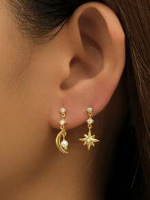 1 pieza de pendientes de tuerca con cadena de perlas, luna, estrella y borla de plata esterlina 925 de lujo, elegante y bonita para uso diario de mujeres como regalo de joyería para Ramadán