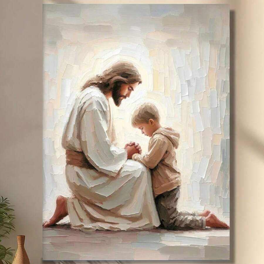 Framed Jesus & Little Boy Praying - Inspirational Christian Canvas Art, Wall Decor   Perfect For Room Decor Birthday Party Decor, Mother's Day New Year Easter Gift,  Home Living Room Office Wall Decor, Perfect Gift And Wall Decoration