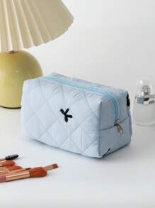 Fresh And Simple Series, New Embroidered Bow Quilted Storage Bag, Cute Ladies Cosmetic Bag, Used For Cosmetics, Headphones, Data Cables, Change, Stationery Storage, Suitable For Students And College Students Cosmetics Items Storage Belongings, Travel Shopping And Business Trips, The First Choice For Holiday Gifts
