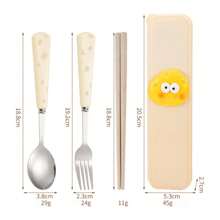 1 件套不锈钢奶酪形勺子、叉子和筷子套装，便携式 3 件套学生餐具，卡通设计饭勺