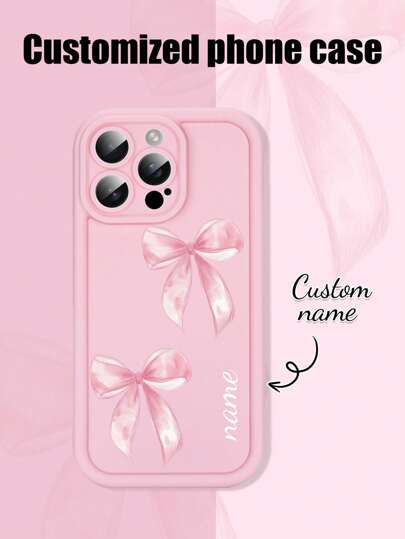 1pc Customized Family, Couple, Friend, Pet, Child Name Engraved Pink Bow Vintage White Faux Leather Phone Case, Compatible With IPhone 11, 12, 13, 14, 15, 16/16 Pro/16 Plus/16 Pro Max/16e, 17/17 Air/17 Pro/17 Pro Max, Great Gift For Friends, Girlfriends