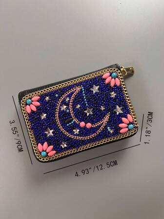 Nueva cartera plegable con cuentas hecha a mano en estilo retro, mini monedero con cremallera para mujer, 248005-Cartera mini de "October Moon", cartera, monedero, billetera para tarjetas