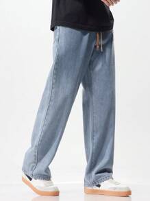 男士抽绳松紧腰水洗休闲宽松直筒牛仔裤 - 淺藍色 - 查看 5