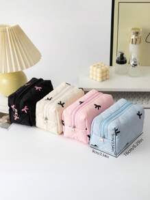 Fresh And Simple Series, New Embroidered Bow Quilted Storage Bag, Cute Ladies Cosmetic Bag, Used For Cosmetics, Headphones, Data Cables, Change, Stationery Storage, Suitable For Students And College Students Cosmetics Items Storage Belongings, Travel Shopping And Business Trips, The First Choice For Holiday Gifts
