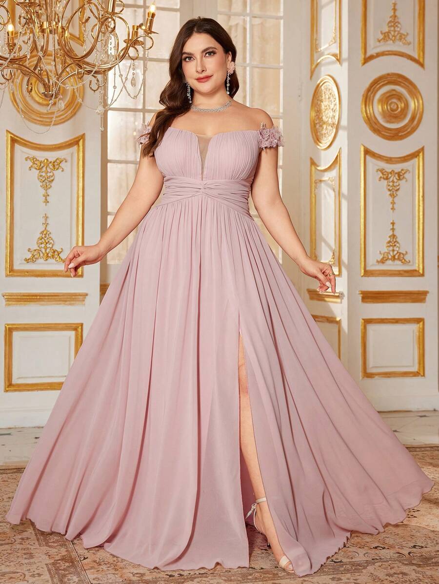 SUPGIR Plus Size Off Shoulder Ruched Waist Slit Flared Hem Party Dress, Elegant,Gown,Formal,Evening,Wedding Guest Spring Pink - Pink - View 1