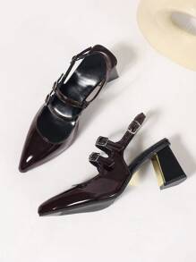 女士红色高跟封闭式鞋头玛丽珍鞋、尖头带扣露背穆勒木屐、粗跟正式工作鞋、新娘礼服高跟鞋 - 酒紅色 - 查看 7