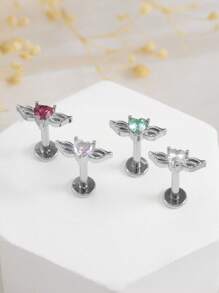 1 Stainless Steel Heart-Shaped Cubic Zirconia And Wing Combination Lip Stud, Lip Ring, Cartilage Earrings, Women's Party, Daily Wear Body Piercing Jewelry, Suitable For Valentine's Day, Women's Day, Mother's Day Gift