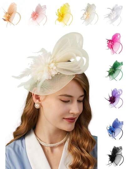 قبعة فاسينيتور قطعة واحدة للنساء مع مشبك شعر، قبعات حفلات الشاي، إكسسوارات رأس ريشية للزفاف، إكسسوارات رأس العروس، إكسسوارات رأس هالوين