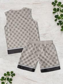 Men's Geometric Print Round Neck Sleeveless T-Shirt And Shorts Casual Suit - Khaki - View 4
