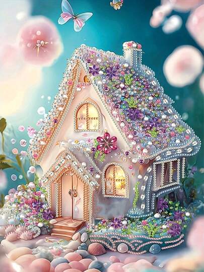 1 件 30*40 厘米 /11.8*15.75 英寸无框 DIY 5D 不对称形状钻石画套件，闪亮小房子图案，适用于墙面装饰、装饰品、初学者和成人、感恩节礼物