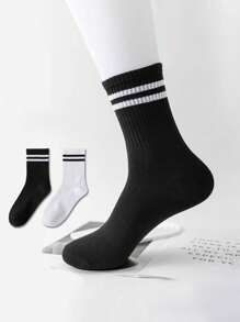 3 双女士鲨鱼设计袜子，条纹和双条图案，中长款，时尚百搭，适合春、夏、秋、冬日常穿着