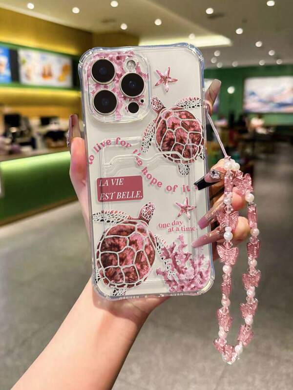 Étui porte-cartes transparent peint avec motif tortue, aux quatre coins. Porte-cartes multifonctionnel avec design anti-chute sur les quatre coins. Étui de protection épais anti-chute pour téléphone, convenant pour 16 et Redmi