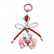 Sanrio 1PC New Cartoon Bow Cat Keychain Pendant Personalized Hand Drawn Bead Rice Bead Chain Accessories Earphone Cover Decoration