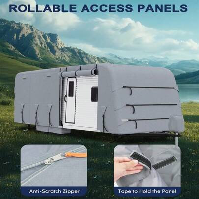 RV Travel Trailer Cover, Heavy Duty Extra-Thick Upgraded Camper Cover With Zippered Door, Windproof Waterproof Ri-P-Stop RV Covers With Jack Cover, 6 Gutter Covers, 2 Extra Straps