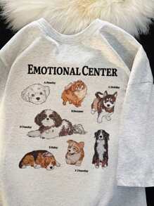 女士休闲宽松灰色小狗印花圆领短袖 T 恤，夏季透气街头服饰 - 淺灰色 - 查看 5