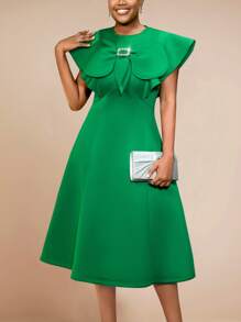 Vestido de festa elegante e modesto de Páscoa com mangas curtas e laço com strass, cintura alta e corte A, roupas de primavera para mulheres, vestido para convidada de casamento, para coquetel - Verde - Ver 5