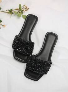 Sandales plates avec ornements en cristal, style coréen. Nouvelles sandales d'été élégantes pour femmes, à porter à l'extérieur, avec strass et design ouvert sur le bout - Noir - Voir 5