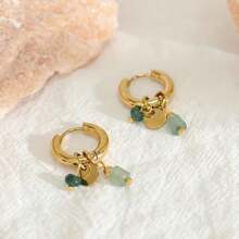 1 对不锈钢女士金环耳环，绿色天然石吊坠耳环，复古时尚珠宝 - 金色 - 查看 3