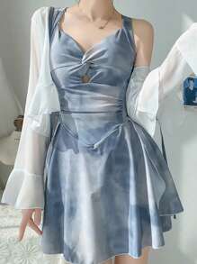 2025新款收腹连体泳衣，2件套，女士保守泳装套装，性感海滩度假 - 藍色 - 查看 1