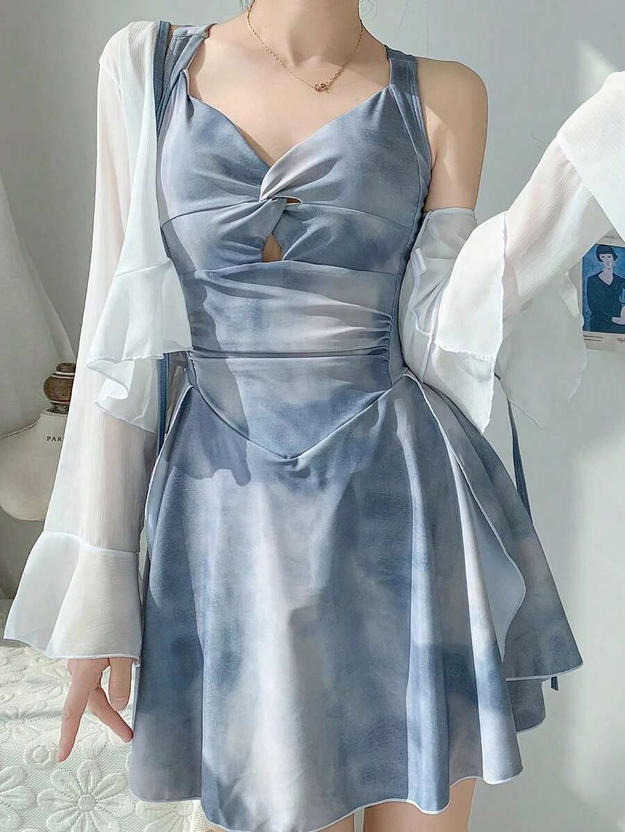 2025新款收腹连体泳衣，2件套，女士保守泳装套装，性感海滩度假 - 藍色 - 查看 1