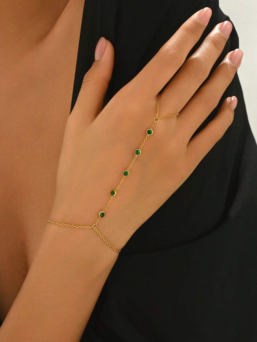 1pc Women's Stainless Steel Green Zirconia Circle Decor Finger Hand Chain Bracelet, 18K Gold Plated Fashion Jewelry - Green - View 1