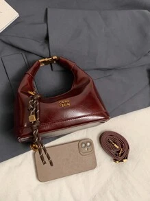 新款时尚小丑纯色PU防水手提包，字母图案装饰，拉链封口，方形托特包，酒红色，吊坠装饰，可调节肩带，适合购物，时尚酒红色包包