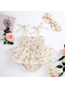 Conjunto de mono de verano para niña, mono floral con busto elástico, sin mangas, con volantes y diadema con lazo - Beis - Ver 2