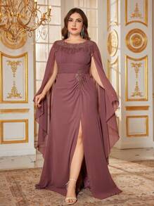 SUPGIR Kleid mit Kappärmeln, geraffter Taille, eleganter schmaler Passform, Strass am Saum, Schlitz vorne, Hochzeitsgast Kleid, Party Kleid, Abendkleid - Altrosa - Übersicht 1