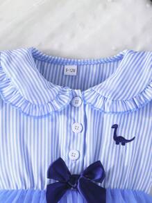 女宝宝夏季可爱公主袖彼得潘领刺绣恐龙雪纺拼布休闲连衣裙 - 藍色 - 查看 3