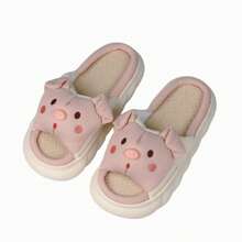 coimfine Pink Cartoon Pig Design Thick Sole Indoor Slippers, Fabric Slippers For Home, Spring/Summer/Autumn