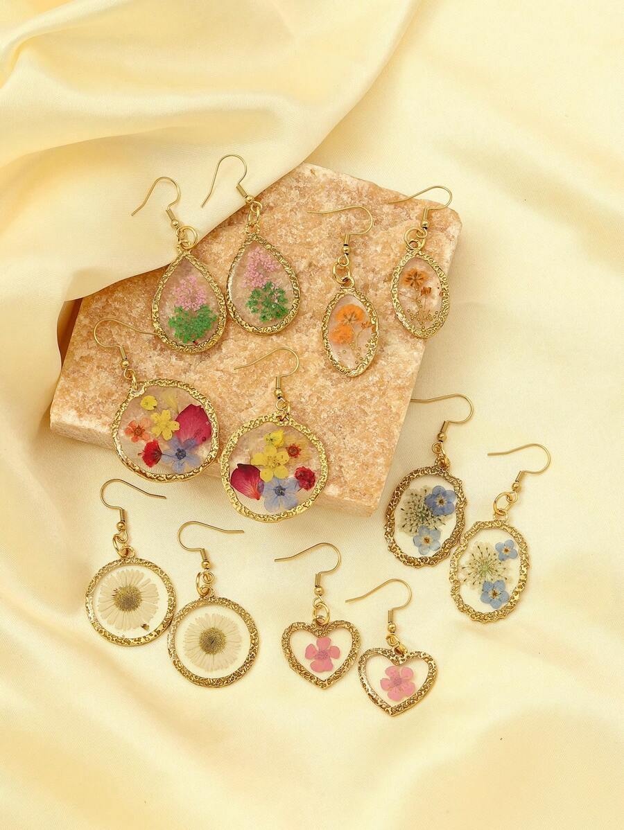 2 款精致时尚的不锈钢透明永生花耳环，干花滴管吊坠适合日常使用，节日约会礼物配件 - 彩色 - 查看 1