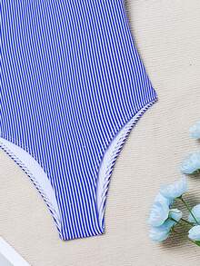 1 件蓝白条纹蕾丝边性感连体泳衣，适合夏季海滩度假 - 彩色 - 查看 4