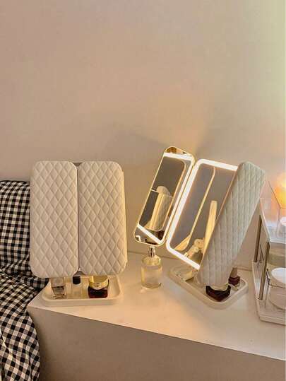 1pc 3-Fold LED Makeup Mirror With Stand And 3 Color Lighting, Foldable Vanity Mirror With Touch Dimming Function, Gift For Women