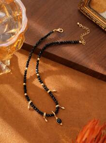 1件装女士春夏黑色玛瑙串珠吊坠项链，18K镀金铜材质高端多层颈链 - 黑金色 - 查看 5