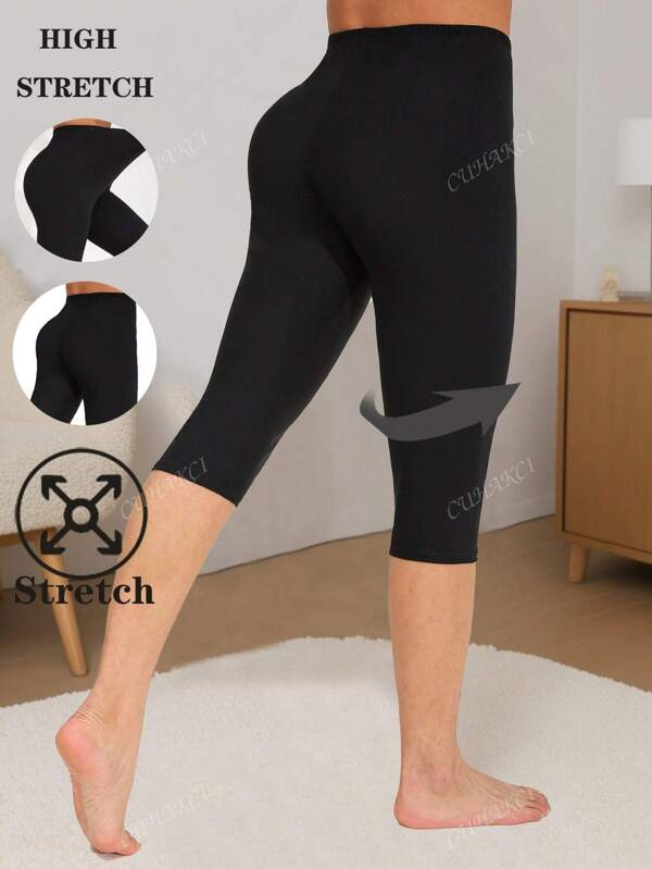 Women's Casual Elastic Spandex Sports Leggings, Solid Color Soft Comfortable Brushed Fabric Tights, Suitable For Fitness, Workout, Running, Home Exercise, Deep Squat, Yoga, Outdoor, Beach, Party, Walking, Cycling, Capri Length