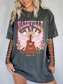 超大号女士休闲圆领短袖 T 恤，印有“纳什维尔”乡村音乐、复古吉他图案，宽松波西米亚风上衣，适合夏季穿着