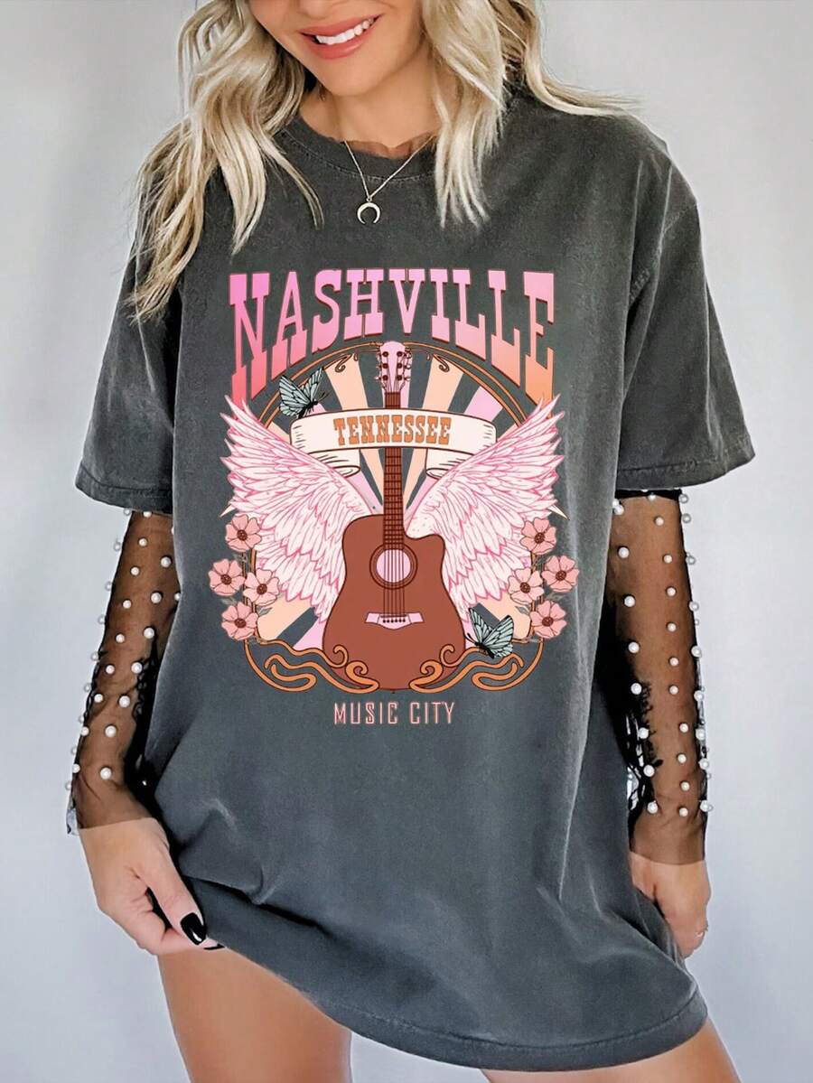 超大号女士休闲圆领短袖 T 恤，印有“纳什维尔”乡村音乐、复古吉他图案，宽松波西米亚风上衣，适合夏季穿着
