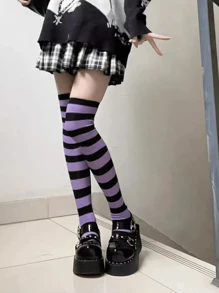 1 par de medias largas a la rodilla a rayas para mujer, con rayas de colores de moda, medias hasta los muslos, medias largas, medias para niñas, medias de fiesta, medias de baile, estilo punk, rockstar, para uso diario