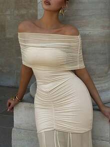 Elegant Solid Off Shoulder Ruched Bodycon Party Dress - Khaki - View 2