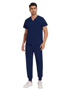 男士医疗制服套装，牙医/护士制服，V领短袖上衣，医用运动裤，护理工作服，医生工作服 - 藏蓝色 - 查看 2