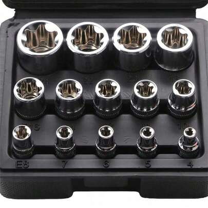 14-Piece E-Torx Socket Set With Case, 1/4, 3/8, 1/2 Inch Drive External Star Socket Set E4-E24 External Torque Star Socket Set