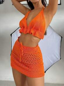 Summer New Women's Solid Color V-Neck Knit Halter Bikini & Short Skirt 2pcs/Set , For Outfits Suitable Party,Summer Beach Cover Up Sets Daily Dressing