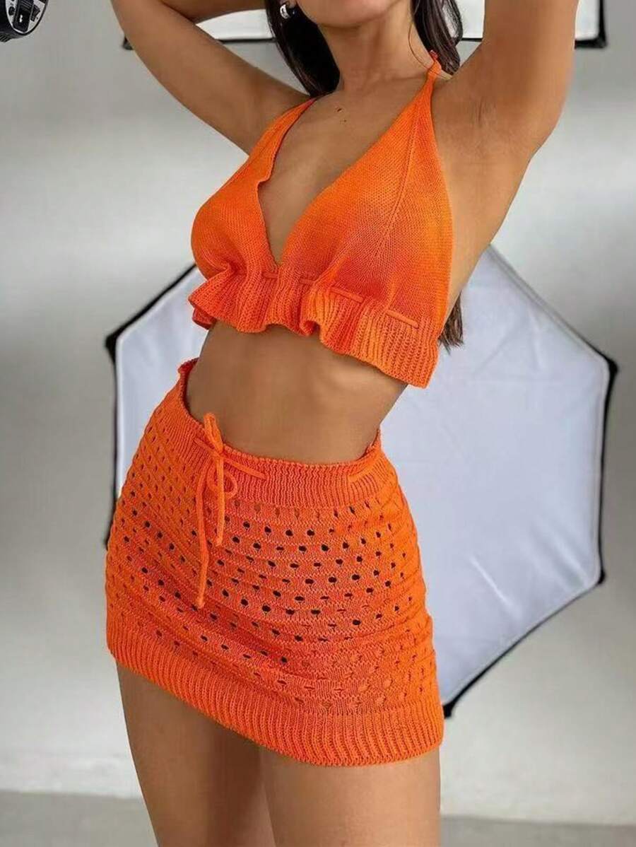 Summer New Women's Solid Color V-Neck Knit Halter Bikini & Short Skirt 2pcs/Set , For Outfits Suitable Party,Summer Beach Cover Up Sets Daily Dressing