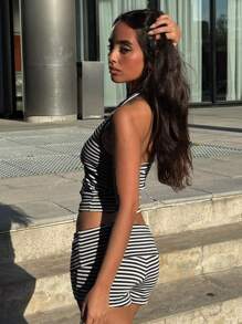 Casual Vacation Two Pieces Sets Contrast Color Striped Shorts Suits For Women Streetwear Halter Tank Tops Mini Shorts Spring Break Outfits