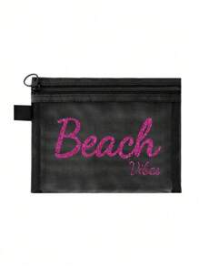 玫红色和金色闪亮字母 Maestra 网眼化妆包、口红和气垫粉扑收纳便携式化妆包、透明收纳包盥洗包旅行袋、夏威夷休闲度假风格化妆包化妆包护肤包盥洗包收纳袋、旅行必需品邮轮必需品宿舍必需品