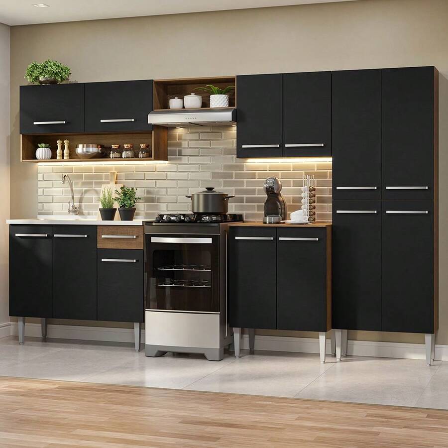 Cocina Integral Completa Modular Madesa Emilly 293cm Con Tarja Color Marrón/Negro 09