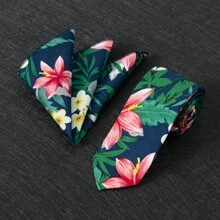 2pcs Set, Men's Floral Printed Tie, Soft Fabric Flower Pattern Tie And Pocket Square Combo, Suitable As Men's Gift For Wedding, Groom, Groomsman, Wedding Photo Shoot, Date Night, Formal Dinner - Two-piece Set - View 15